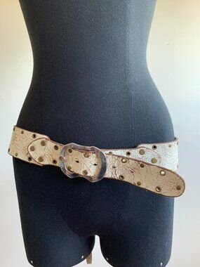 Baltazar Vintage Cream white cracked antique leather studded rocker belt Medium
